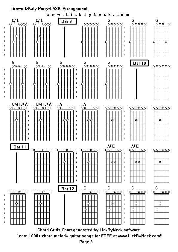 Chord Grids Chart of chord melody fingerstyle guitar song-Firework-Katy Perry-BASIC Arrangement,generated by LickByNeck software.